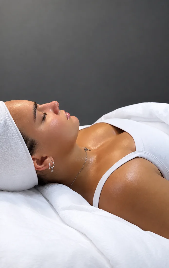 Glowing skin after a facial, client wrapped in white towels